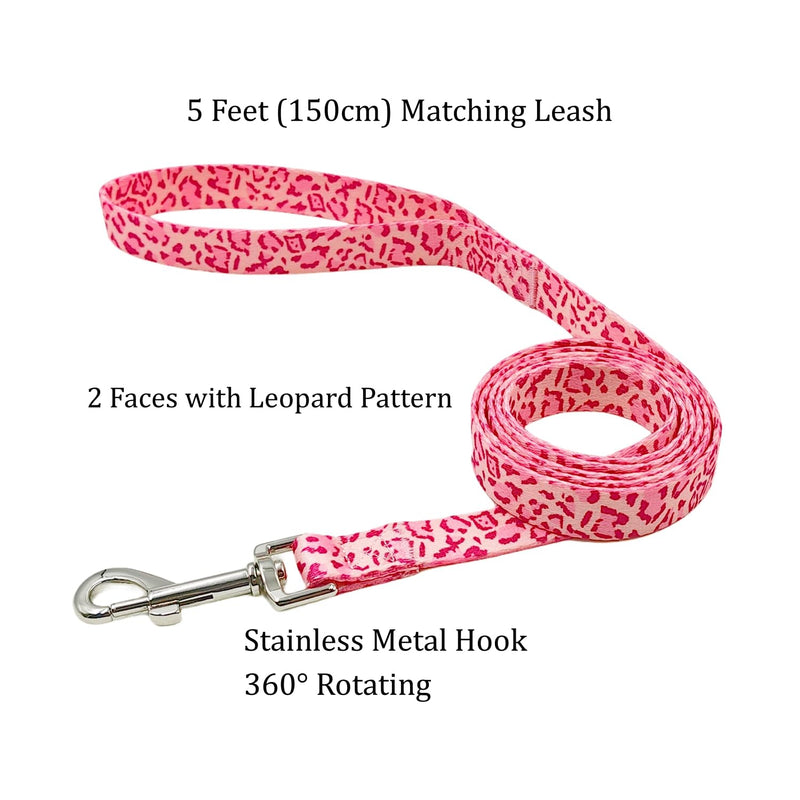 Dog Collar Leash Set, Leopard Pattern, Polyester Material, Adjustable Collar and 5ft Matching Leash, for Small Dogs.(S, Pink Leopard) Leopard Pink - PawsPlanet Australia
