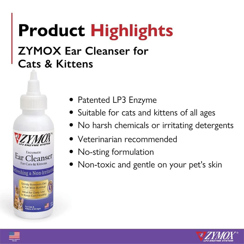 Zymox Enzymatic Ear Cleanser for Cats & Kittens, 4 oz. – Cleans & Refreshes Ear Canal for Relief from Ear Wax & Dirt Buildup