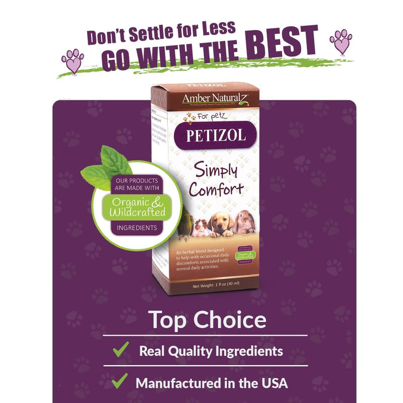 AMBER NATURALZ Petizol Simply Comfort Herbal Supplement for Dogs, Bird, Rabbit | Support for Occasional Discomforts and Normal Body Temperature | 1 Fluid Ounce Glass Bottle | Manufactured in The USA 1 Ounce - PawsPlanet Australia