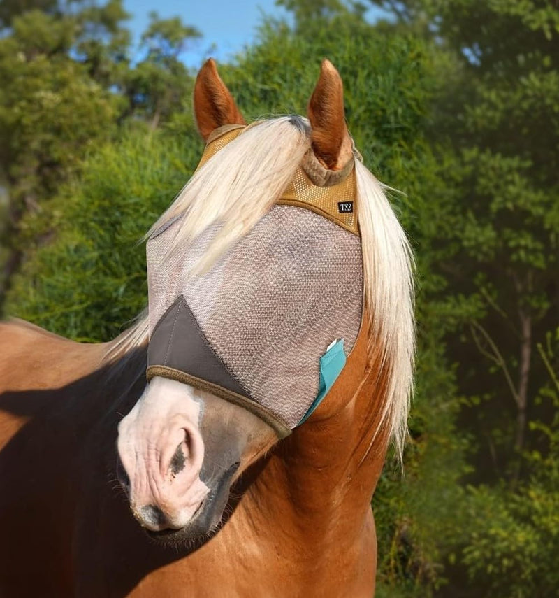 TSZ Horse Fly Mask Standard No Ears - UV Block 70% Breathable Soft Fleece Padding Fly Masks for Horses Flymask Durable Fly Control Comfortable Adjustable Straps All-Day for Equines Standard (Horse)