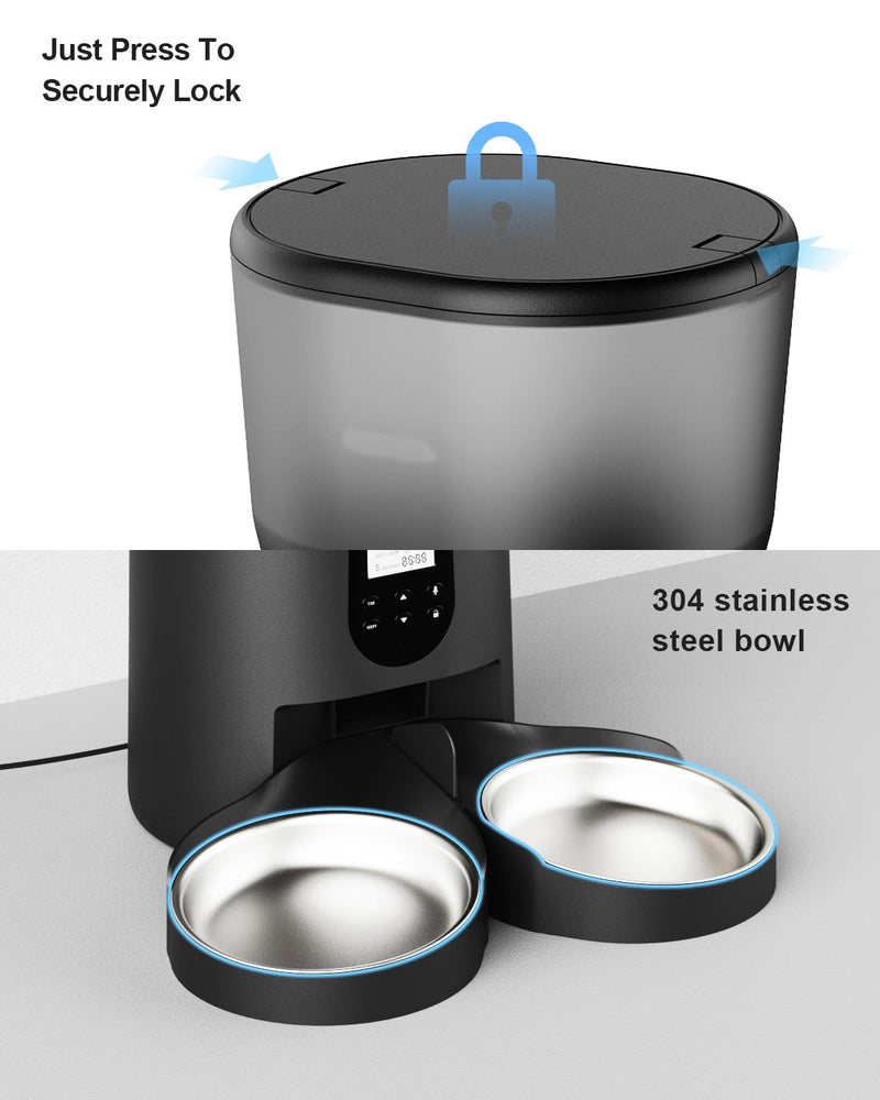Automatic pet Feeders for 2Cats, 6L/25cup Automatic Cat Food Dispenser with 2 Stainless Pet Bowls,10s Meal Call Timer Setting 20 Portions 6Meals Per Day, Timed Pet Feeder for Cats Dog Indoor Dry Food 6L/25 Cups Black - PawsPlanet Australia