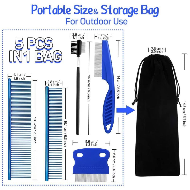 Pet Grooming Comb Kit - Flea Combs for Dog and Cat, 5Pcs Lice Combs and Tear Stain Remover Comb with Stainless Steel Teeth, Professional Pet Grooming Tool with Portable Bag for Removing Knots & Tangle Blue + Balck 5 Piece Set - PawsPlanet Australia