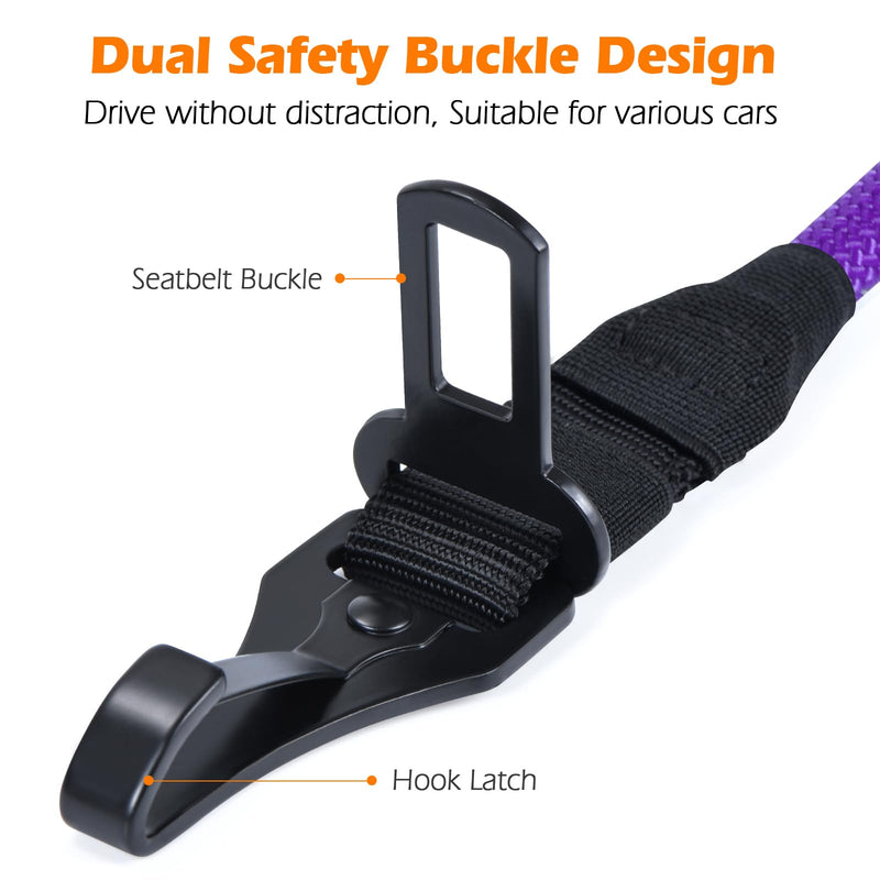 PetBonus Dog Seat Belt for Car, Durable Rope Dog Car Harness Seatbelt for Vehicle, Pet Tether Safety Restraint with Heavy Duty Buckle Hook Latch Lockable Clip for Small Medium Large Breeds (Purple) Purple