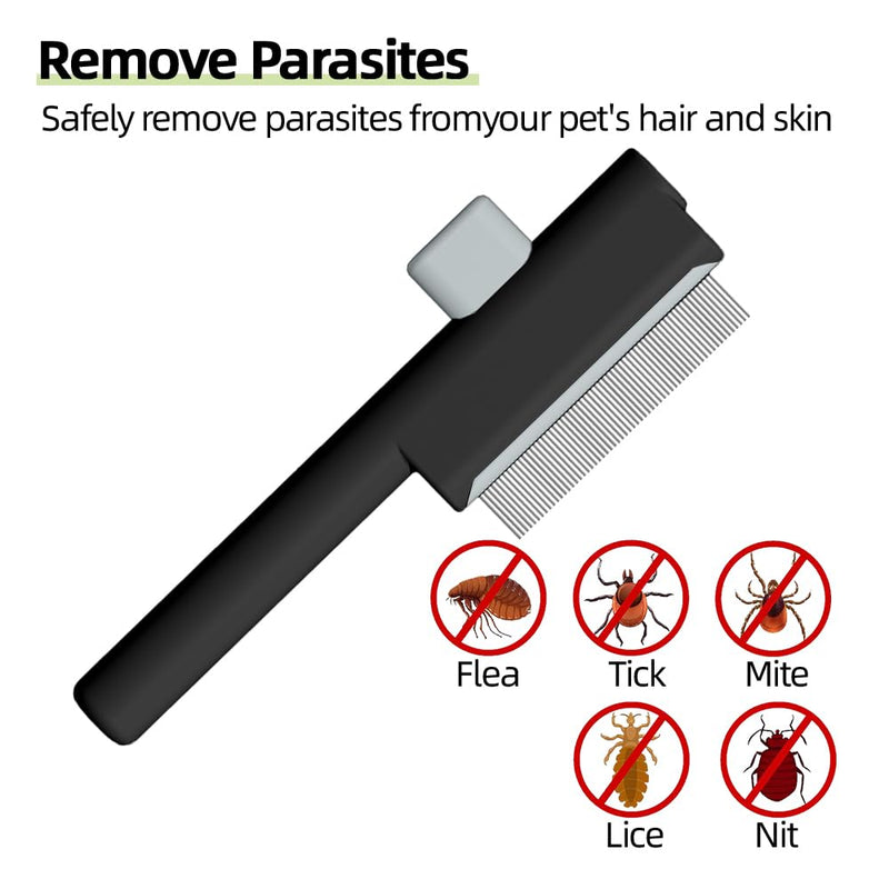 Marchul 2Pcs Pet Comb Flea Comb Set for Cats Dogs, Cat Grooming Brush with Release Button and Stainless Steel Round Teeth, Self-Cleaning Dog Combs for Removing Pet Hair, Knots & Loose Fur, Black