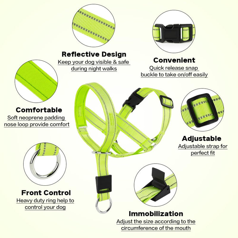 Reflective Dog Headcollar - Adjustable gentle leader Dog Head Halter Stops Heavy Pulling On The Leash - Soft Padded Head Collar for Medium Large Dogs Easier Walks (Medium, Green) - PawsPlanet Australia