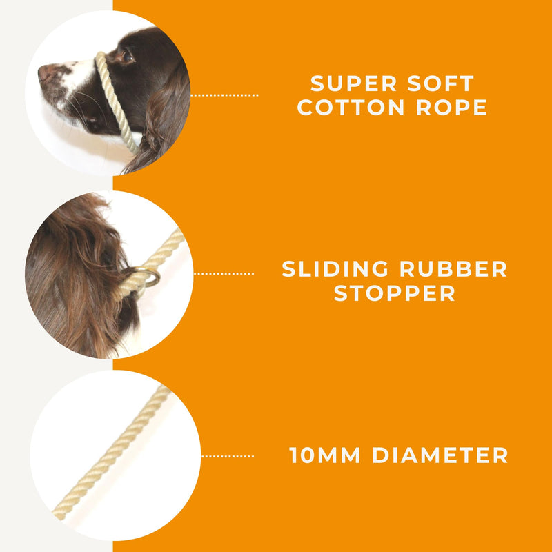 Dog & Field Figure of 8 Dog Leash - Natural. Cotton Rope Leash for Small, Medium & Large Dogs, One Size Fits All, No Collar Or Harness Needed. No Pull Dog Leash, Halter Lead for Dogs, 6.6 FT x 3/8" - PawsPlanet Australia