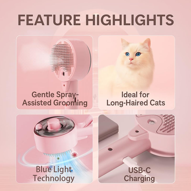 Cat Brush with Steam for Shedding & Grooming – Self Cleaning Deshedding Comb with Dual Mist Spray, Blue Light & 140° Curved Bristles – For Long-Haired Cats & Small Dogs - PawsPlanet Australia