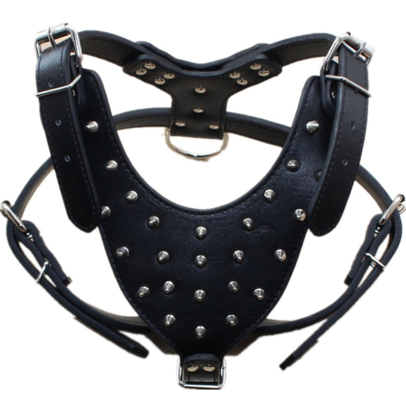 Leather Spiked Studded Medium & Large Dog Collars, Harnesses & Chain Leashes 3Pcs Matching Set for Pit Bull,Mastiff, Boxer, Bull Terrier Black