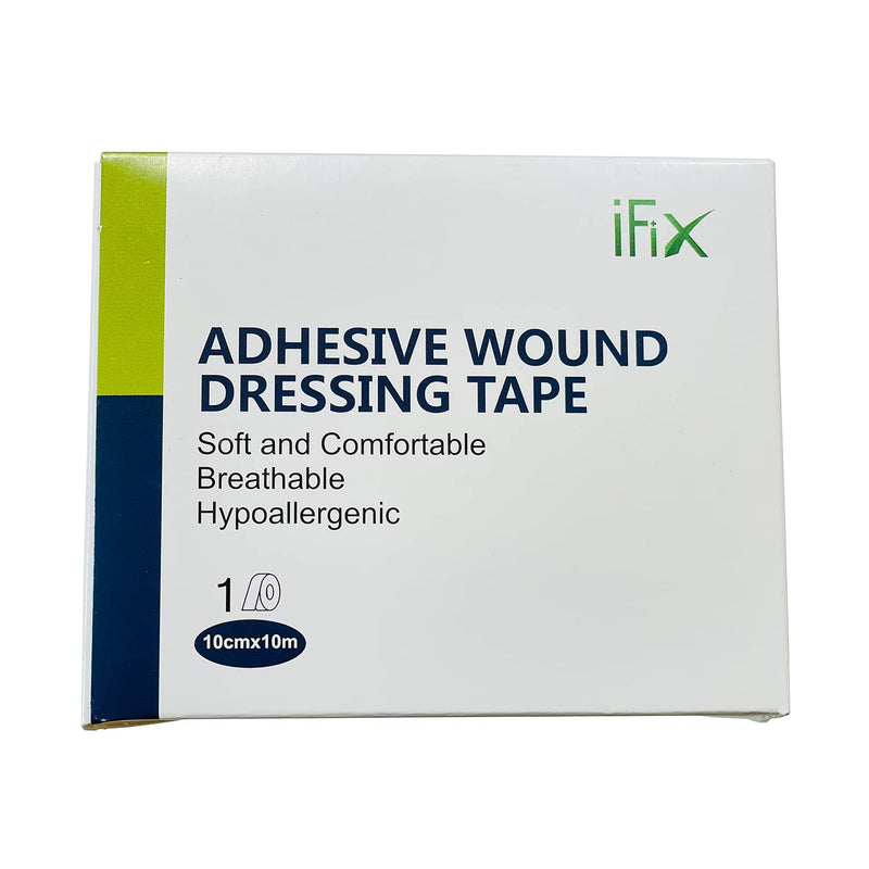 iFix Adhesive Wound Dressing Tape-Surgical Tape, 1 Roll-10 cm x10 Meters in Sturdy Box - Latex-Free Hypoallergenic Fabric Medical Tape - Soft & Breathable First Aid Dressing Tape for Sensitive Skin.