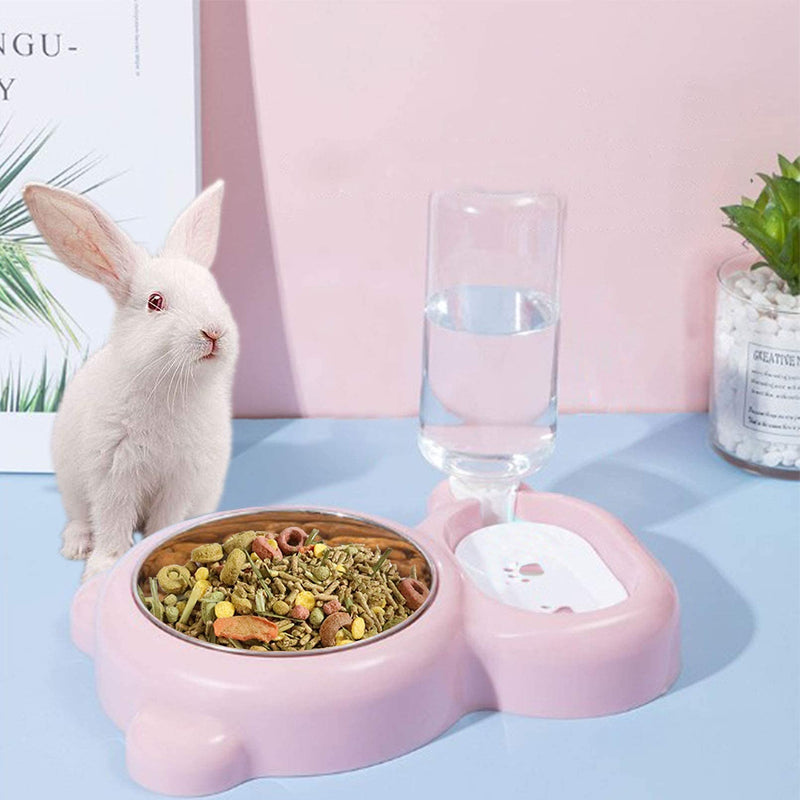 Rabbit Double Bowls Bunny Automatic Water Dispenser Detachable Stainless Steel Bowl No-Spill Water Bottle Food Feeder for Small Animals Bunny Squirrel Cat Puppy Chinchilla Pink - PawsPlanet Australia
