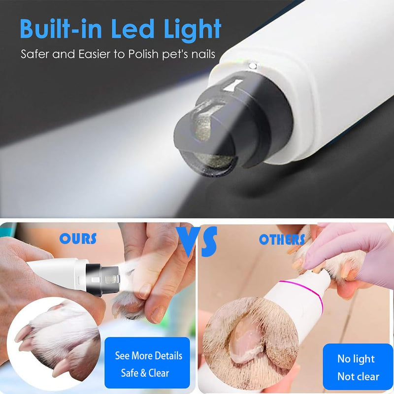 Electric Dog Nails Clippers - Low Noise Painless Pet Nail Trimmer with LED Light - Fast Rechargeable Dog Claw grinder Nail File for Large Medium Small Dogs Cats
