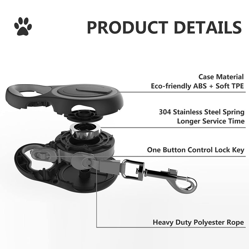 Dual Retractable Dog Leash for Small to Medium Dogs up to 44lbs/20kg – 16ft Extendable with Poop Bags, Non-Slip Grip, 360° Tangle-Free, One-Button Break & Lock – Ideal for Walking Two Dogs Grey - PawsPlanet Australia