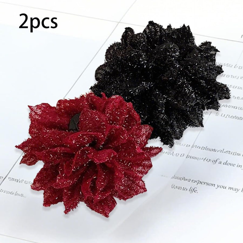 Large Rose Flower Hair Claws - Big Mesh Floral Plastic Hair Clips for Women, Barrettes & Updo Holders for Chignon and Bun Hairstyles (Black & red)