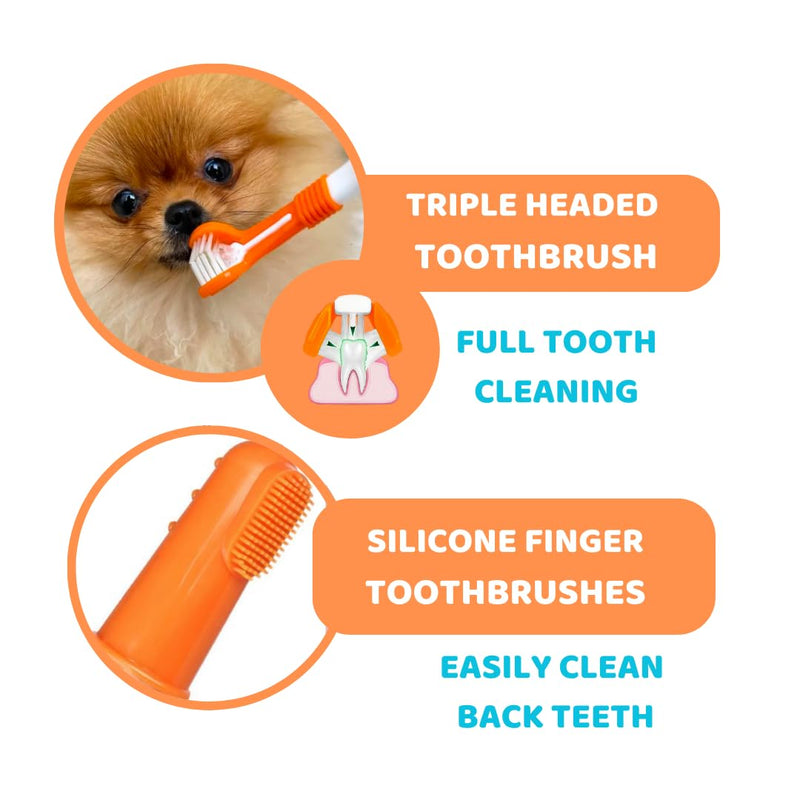 Dog Toothbrush with Toothpaste | Approved Dog Dental Kit | Triple Headed Deep Cleaning Toothbrush for Dogs + 100% Natural Tooth-Paste | Freshen Breathe & Remove Plaque (Dental Kit)