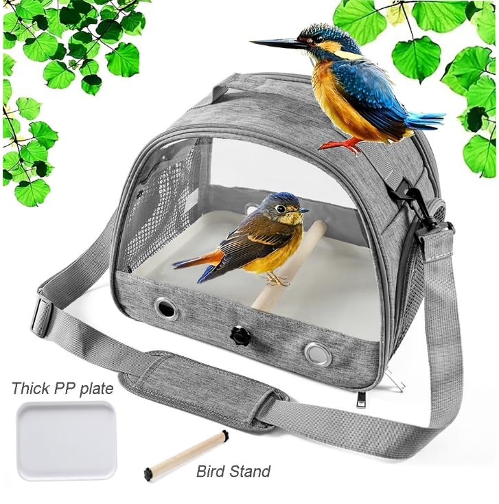 Portable Bird Carrier Bag, Parrot Breathable Shoulder Bag, Travel Parakeet Travel Cage with View Window, Small Bird Rat Clear Cage with Standing Perch Tray, Pet Outdoor Vet Visit Holder Handbag gray