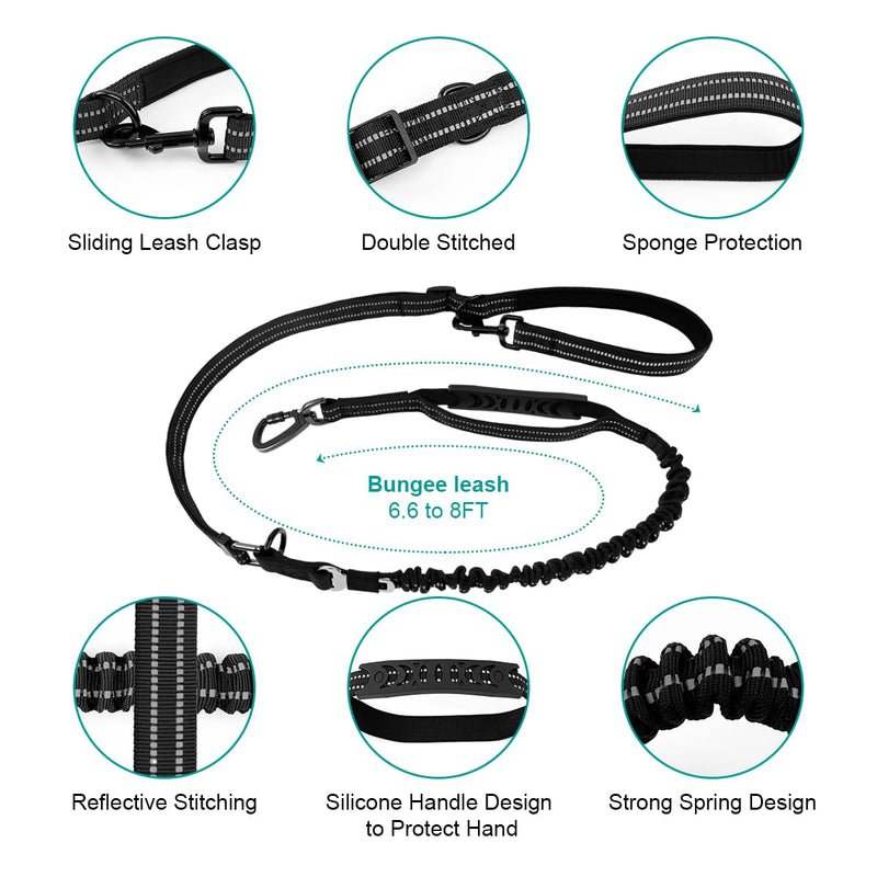 Philorn Bungee Dog Leash Heavy Duty 6-7FT Adjustable Length No Pull with 2 Padded Traffic Handles, Reflective Threads, Car Seatbelt for Large Medium Dogs (Black) Black - PawsPlanet Australia