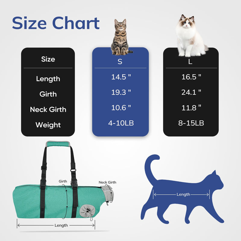 Cat Carrier Pouch, Soft Cat Grooming Restraint Bag for Vet Visits, Nail Trimming & Medication, Comfortable Cats Carry Bag with Bottom Support for Car Travel, Green, S Small - PawsPlanet Australia