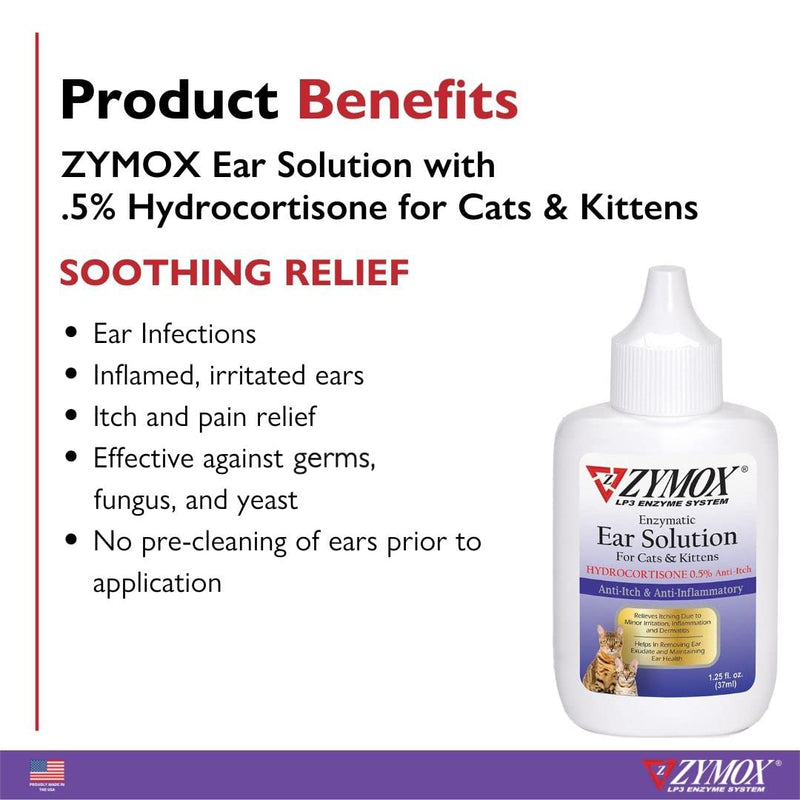 Zymox Enzymatic Ear Solution with 0.5% Hydrocortisone for Cats & Kittens, 1.25 oz. – Cleans & Refreshes Ear Canal for Relief from Ear Wax, Dirt Buildup, Itchiness, Irritation, Inflammation & Redness