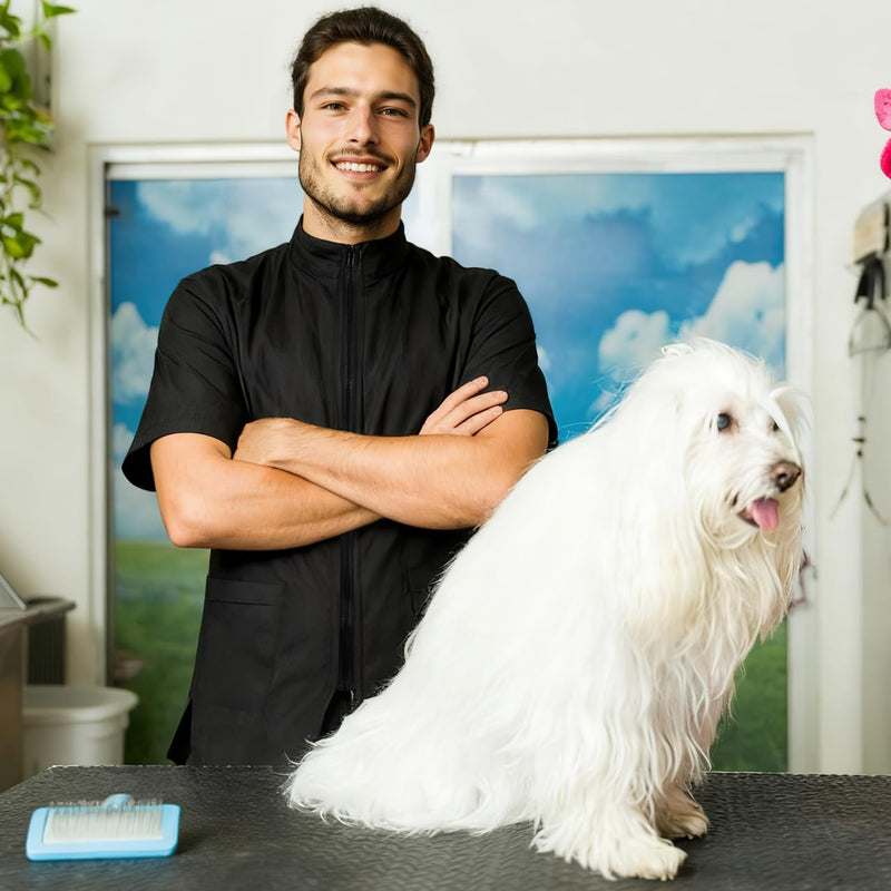 VILLCASE Black Dog Grooming Smock with Zipper, Short Sleeves Dog Grooming Tunic with 2 Pockets, Waterproof and Anti-static Pet Beautician Workwear Apron for Pet Shop Men and Women XL