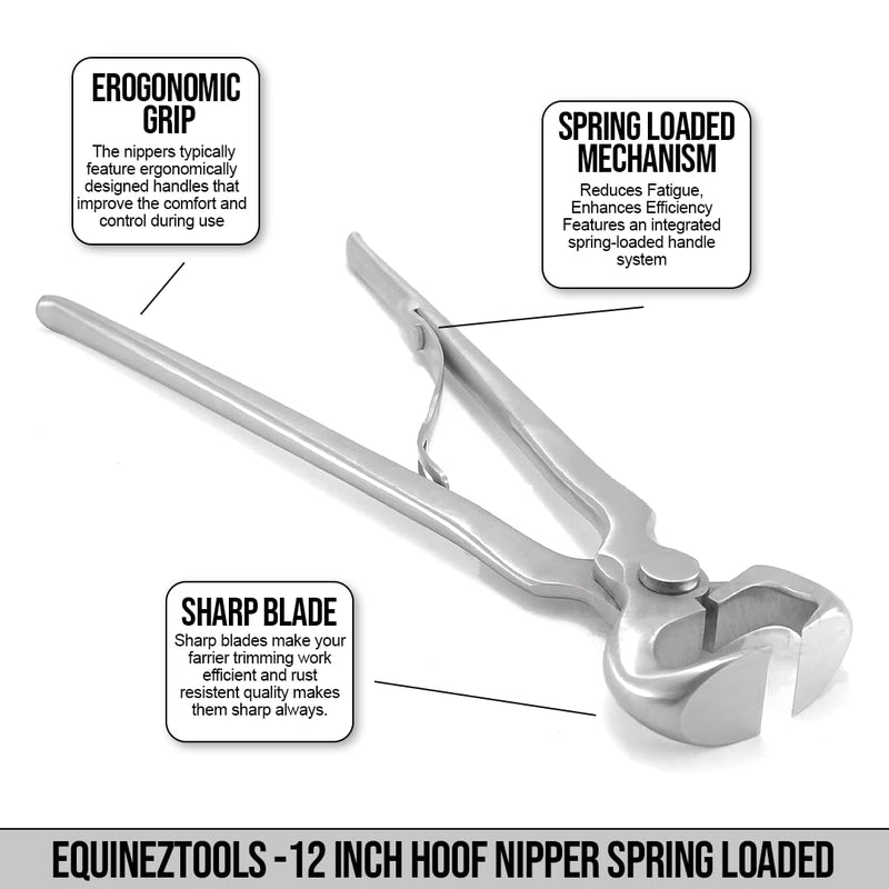 12” Hoof Nipper Spring Loaded Farrier Tool – Vanadium Steel, Dull Finish – Heavy-Duty Horse Hoof Trimming Tool for Farriers, Blacksmiths, Equine Hoof Care, Shoeing, Trimming, and Maintenance