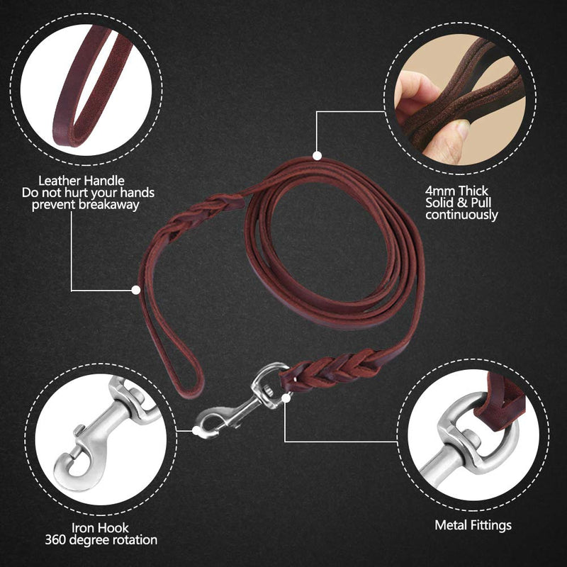 Leather Dog Lead Braided Brown Leather Pet Leash Dog Training Lead Rope Pet Walking Leads for Medium Large Dogs (6.89ft) 2.1m