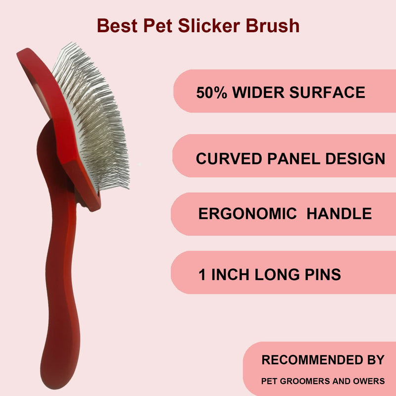 Large Ergonomic Slicker Brush for Dogs & Pets - Extra Long Pin Grooming Brush with Solid Wooden Handle for Poodles, Doodles, and Long-Haired Dogs (red) red - PawsPlanet Australia