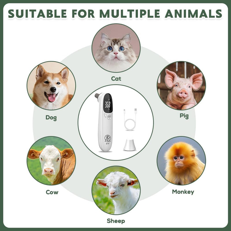 Ear Thermometer Dog Fever Thermometer with LED Display, 12.8 x 3.9 cm Portable Fever Thermometer Ear, Fever Detection for Cats, Dogs, Cows, Ferd (White)