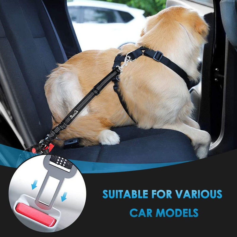 SlowTon Dog Seat Belt for Car, 2 Pack Dog Car Harness Seatbelt Adjustable with Elastic Bungee Buffer, 2 in 1 Pet Car Leash Headrest Restraint Dog Reflective Safety Tether (Black, Headrest+Clip) A.Black Headrest + Clip (Dual Restraint) - PawsPlanet Australia