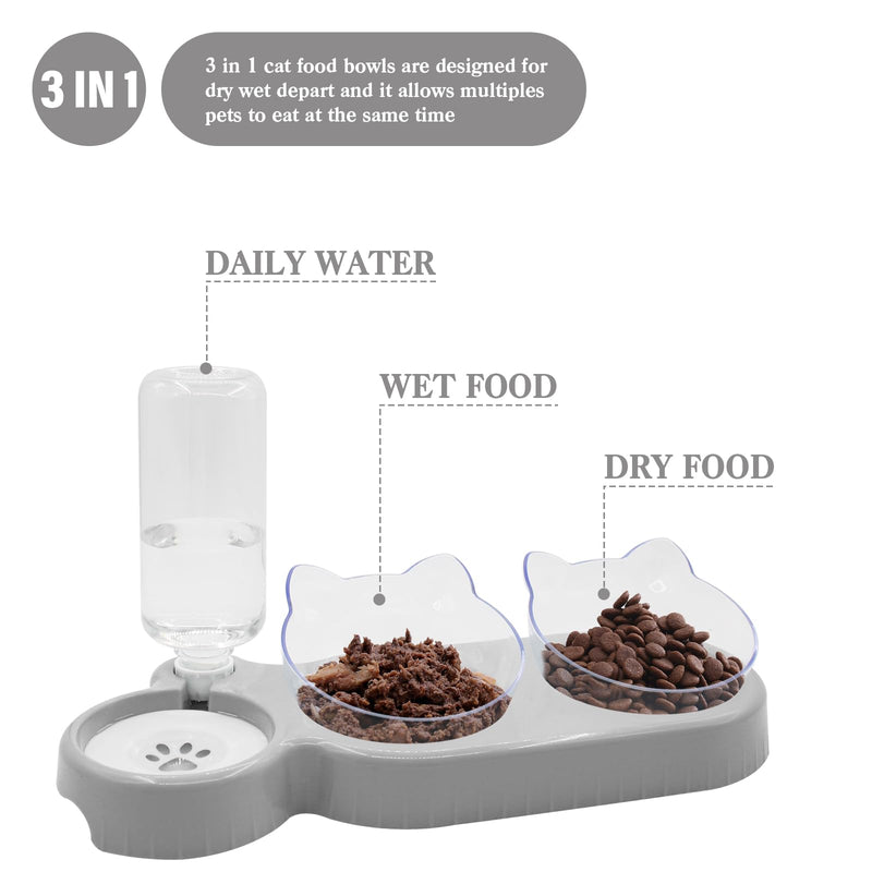 Triple Cat Bowls,15°Tilt 3-in-1 Water Feeder Bowls Cat Double Food Bowls with Automatic Water Bottle Bowl, Whisker Friendly Wet and Dry Cat Elevated Feeding Dishes for Small Cat and Puppy (Lead White) Lead White - PawsPlanet Australia