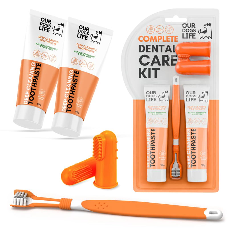 Dog Toothbrush with Toothpaste | Approved Dog Dental Kit | Triple Headed Deep Cleaning Toothbrush for Dogs + 100% Natural Tooth-Paste | Freshen Breathe & Remove Plaque (Dental Kit)