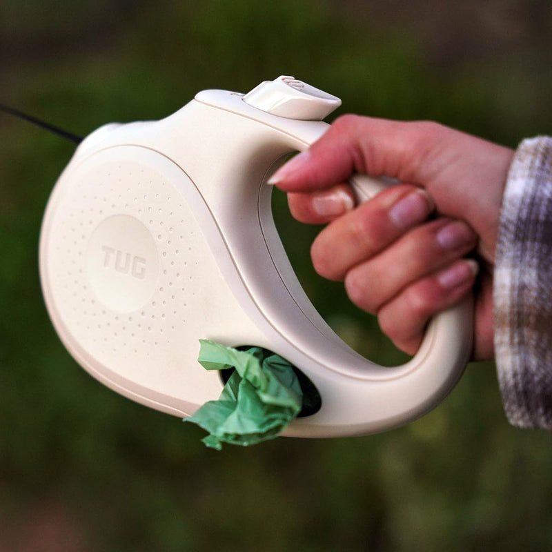 TUG Oval 360° Tangle-Free Retractable Dog Leash with Integrated Waste Bag Dispenser (Small, Cream) Small - PawsPlanet Australia