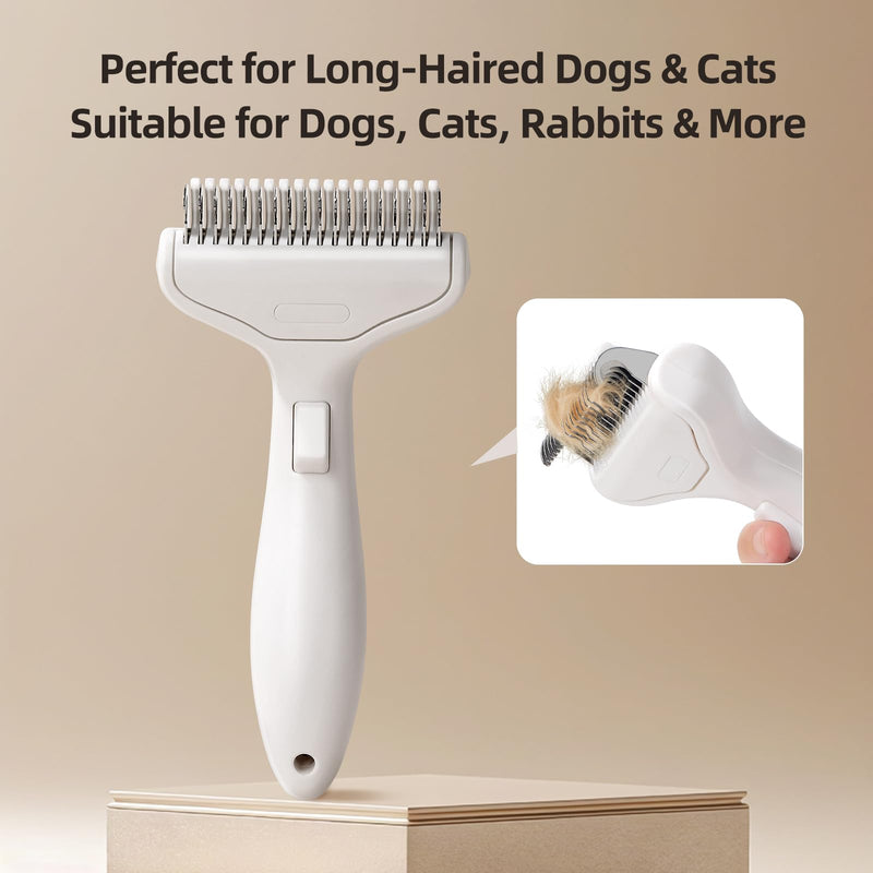 Pet Grooming Combo Tool for Cats and Dogs, Deshedding and Dematting Rake with Metal Comb forDetangling Long, Matted Fur (White) White