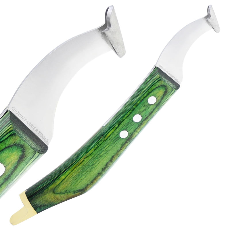 – Super Sharp Hoof Knife with Brass End | Precision-Sharpened Stainless Steel Blade & Wooden Handle | Pro Farrier Hoof Trimming Tool for Horses & Equine (Green, Left-Hand) Green