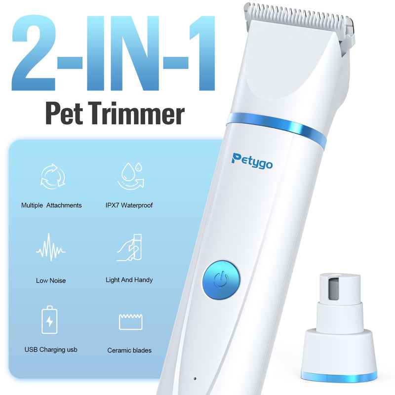 2-in-1 Dog & Cat Grooming Kit - Rechargeable Cordless Pet Hair Clippers with Nail Grinder & Paw Trimmer & 4 Guide Combs, Low Noise Dog Clippers for Grooming Small Medium Pets