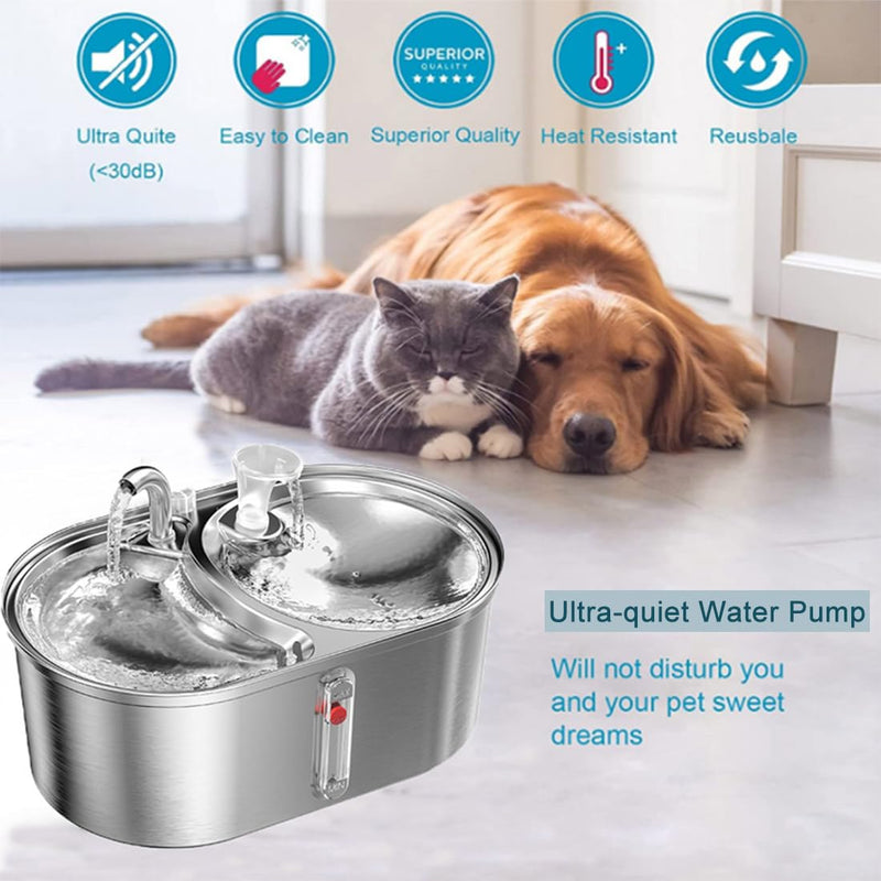 Dual Bowl Cat Water Fountain 3L/101oz,Stainless Steel Pet Drinking Fountain,2-in-1 Cat Bowls for Food-Wate(Water-Water),Ultra-Silent Automatic Dog Water Dispenser with Pump and 5 Filters 101oz/3L Cat Water Fountain - PawsPlanet Australia