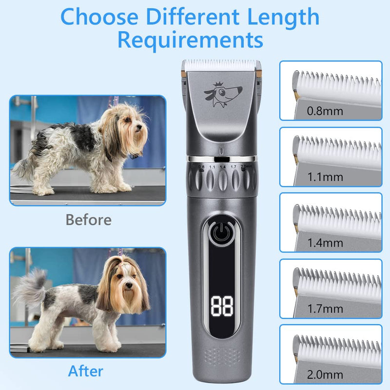 Dog Clippers, Professional Dog Grooming Clippers Kit, Low Noise Rechargeable Cordless Dogs Grooming Clipper, Electric Pet Clipper Hair Trimmer for Dogs, Cats and Other Animals, Silver