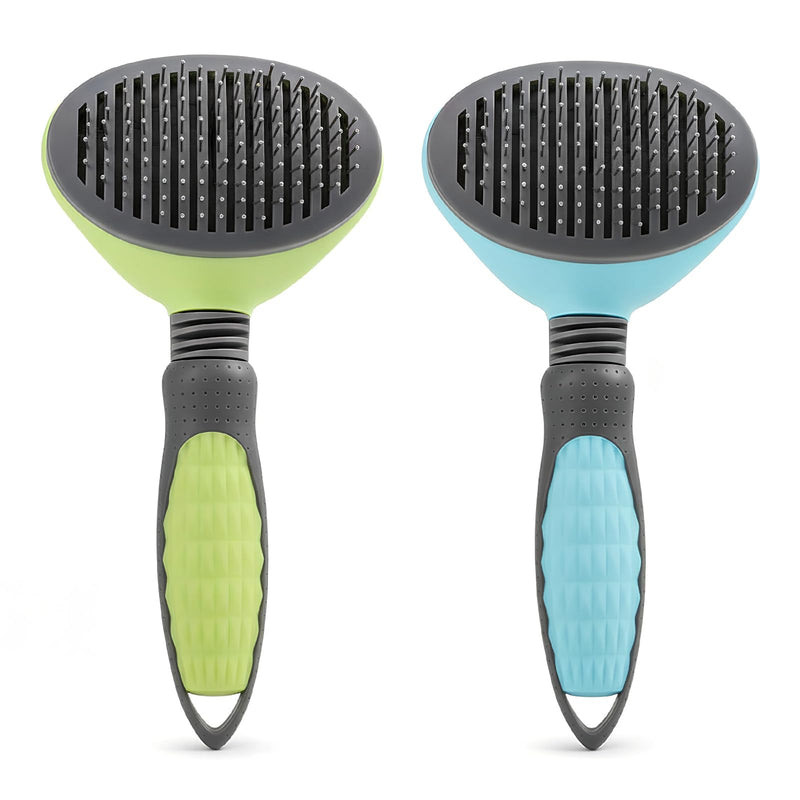 2 Pcs Cat Dog Brush, Pet Grooming Comb, Self Cleaning Cat Dog Slicker Brushes for Shedding, Pet Grooming Tool, One Click to Clean, Easy to Remove Loose Fur, for Shedding & Furry Pets, Blue, Green