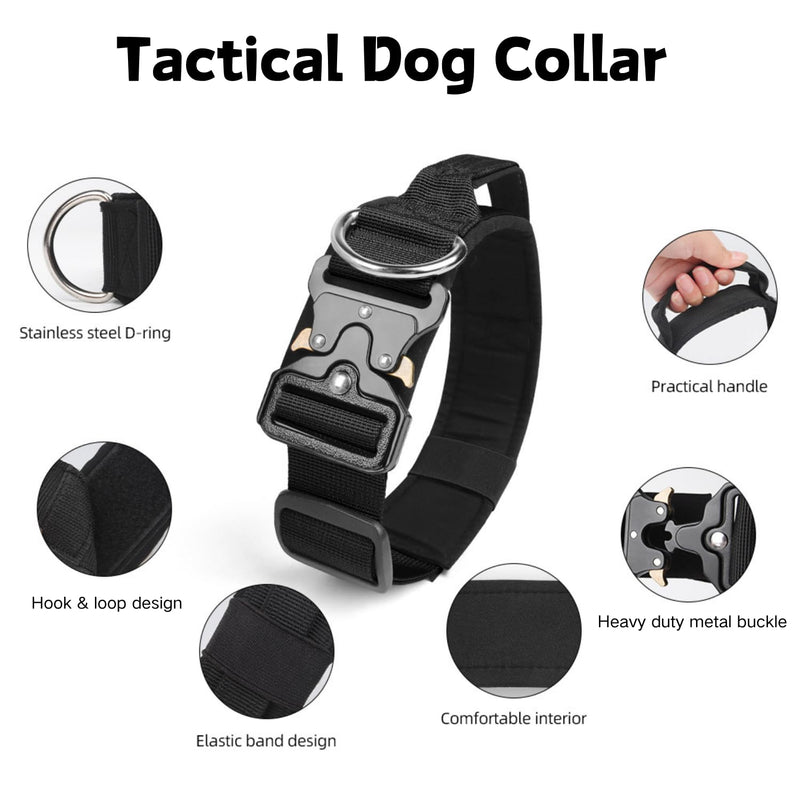 Tactical Dog Collar and Leash Set - Military Pet Collar with Handle and Heavy Metal Buckle Adjustable Dog Nylon Bungee Leash Dog Training Collar & Leash with Patches for Medium Large Dog (Black, L) Black - PawsPlanet Australia