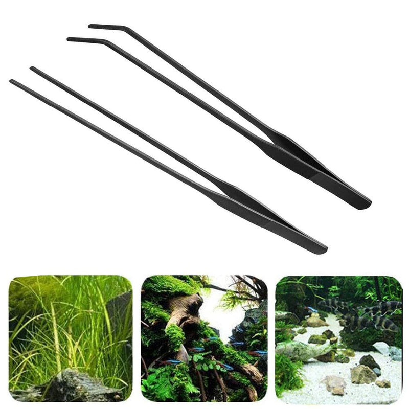 2PCS Aquarium Tweezers Stainless Steel Straight and Curved Tweezers Set Long Handle Reptile Feeding Tongs for Aquatic Plants Lizards Spider Snakes Garden Repairing - 10.6inch, Black - PawsPlanet Australia