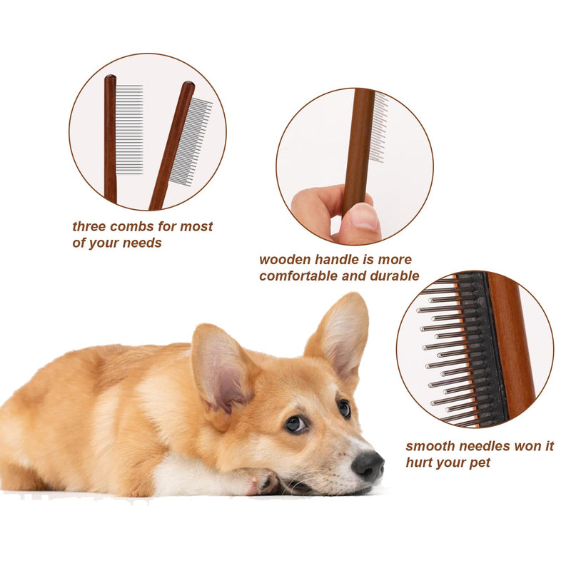 2pcs Solid Wood Grooming Combs with Wide & Narrow Rounded-Tip Steel Teeth - Metal Flea & Lice Comb for Dogs, Cats, Small & Medium Pets' Tangled Hair - PawsPlanet Australia
