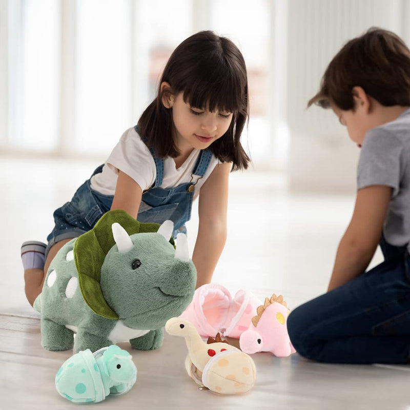 Karister 17.6in Plush Dinosaur Stuffed Animals,A Mommy Dinosaur with 3 Baby Dinosaurs,Triceratops, Tyrannosaurus Rex and Diplodocus. Triceratops - PawsPlanet Australia