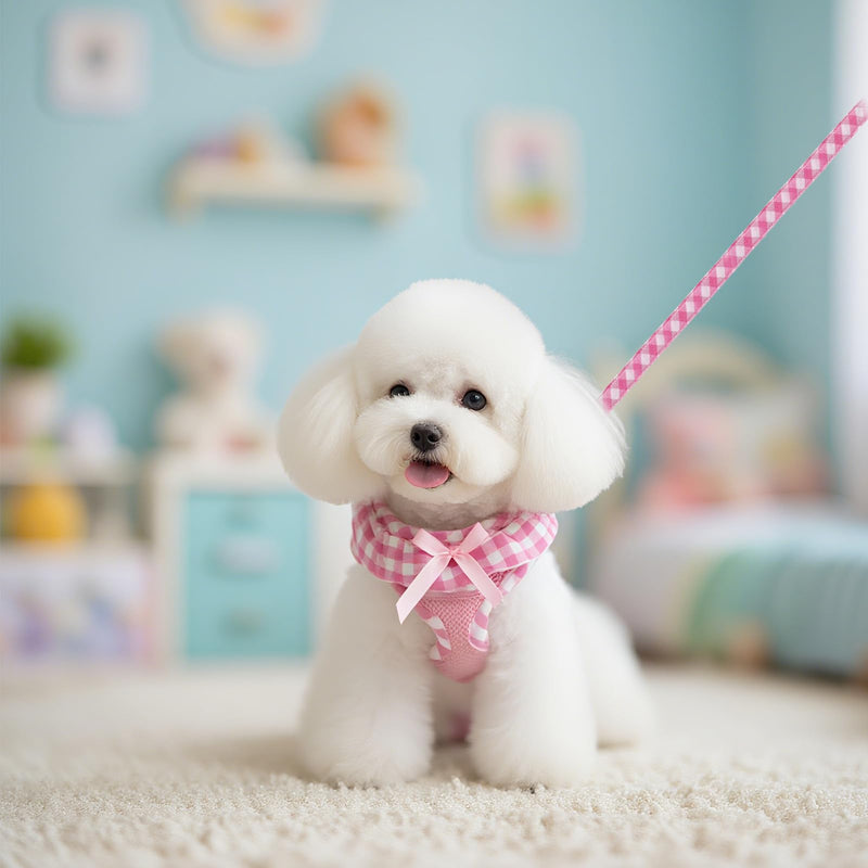 EXPAWLORER Cute Dog Harness Collar Leash Set - Pink Girl Dog Harness Checkered Step-in Design, Detachable Bow Pet Collar, Adjustable No-Choke Lightweight Mesh Vest for Cats Puppy Small Dogs, S Pink (with Collar) - PawsPlanet Australia