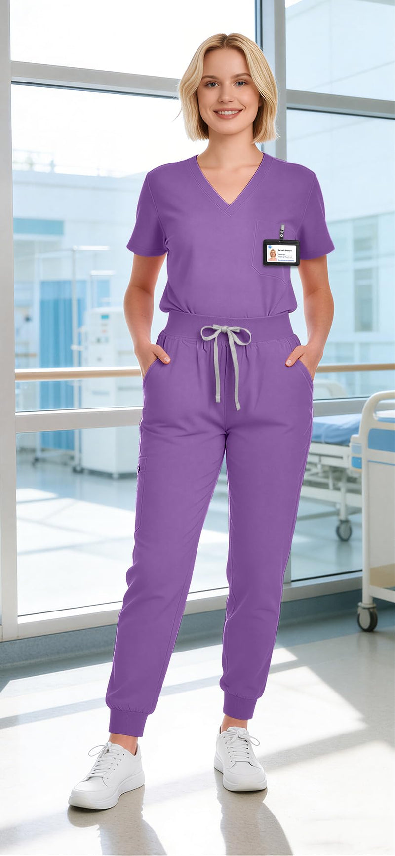 Scrubs for Women Set - 8-Pocket V-Neck Scrub Uniform, Stretch Jogger Pants, Medical Workwear for Nurses, Pet Care Medium Light Purple - PawsPlanet Australia