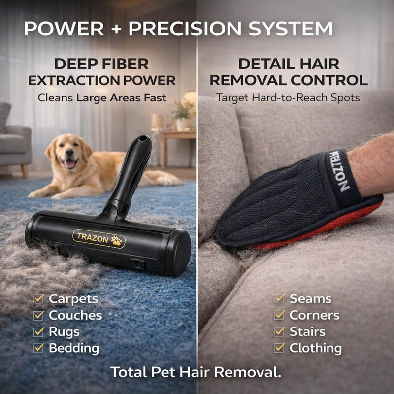 Pet Hair Removal System – Reusable Lint Roller & Lint Remover for Pet Hair on Carpet, Couch & Furniture + Pet Hair Glove Brush – Dog & Cat Fur Remover Tool for Car, Rugs & Clothing