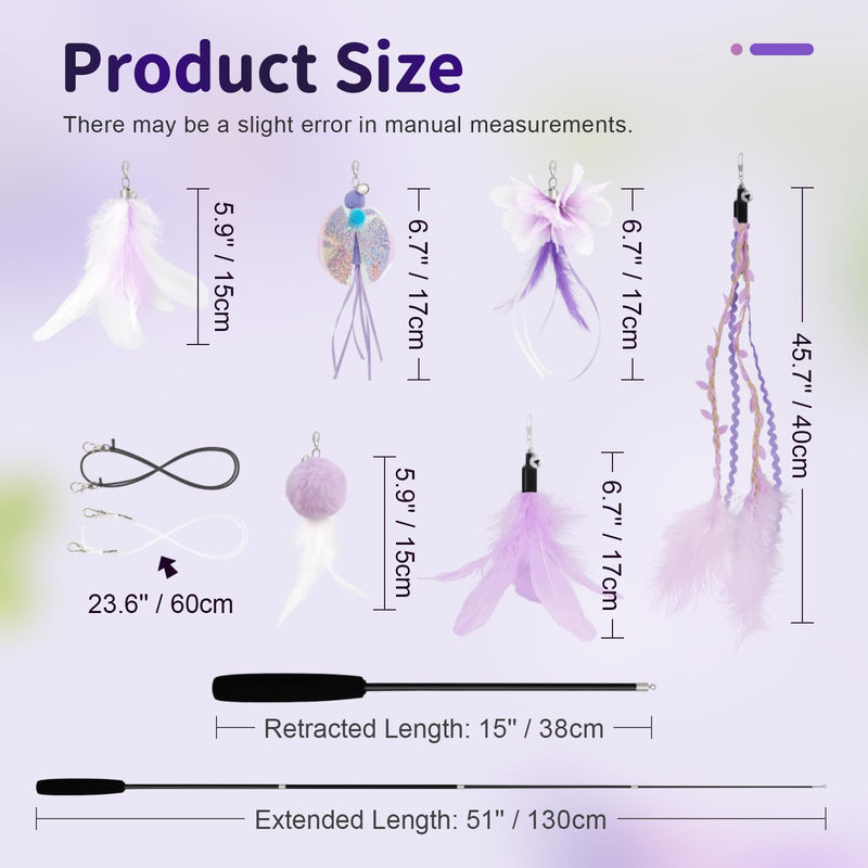 SONGWAY Cat Wand Toys for Indoor Cats - Cat Toy Set with Retractable Teaser Wand and 6 PCS Fairy Feather Toy Refills, Dragonfly Tassel Plush Cat Toys Interactive, Purple - PawsPlanet Australia