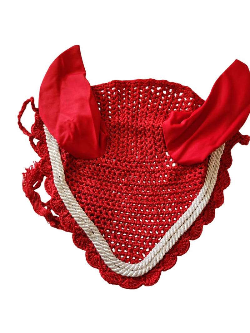 Horse Ear Bonnet Fly Veil Crochet Equestrian with Piping Red Color Full Size
