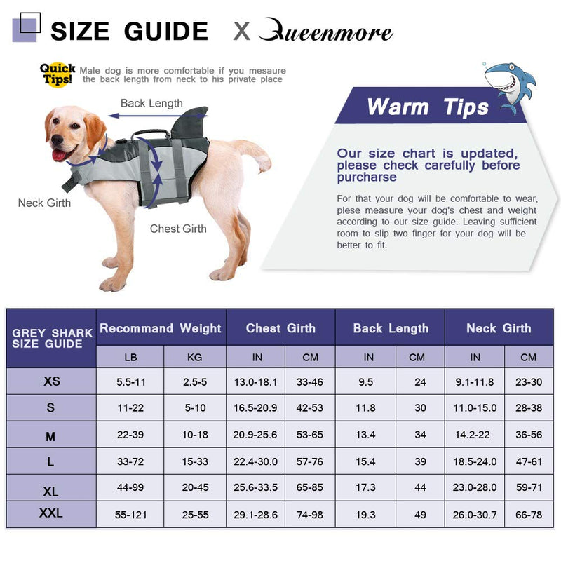 Queenmore Dog Life Jacket Ripstop Shark Dog Safety Vest Adjustable Preserver with High Buoyancy and Durable Rescue Handle for Small,Medium,Large Dogs, Grey Shark Large