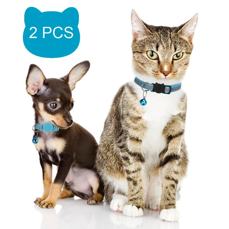 2 Pack Cat Collar with Bells, Reflective Collars for Cats with Breakaway Safety Buckle, Nylon, 7-12 Inch Adjustable, Blue - PawsPlanet Australia