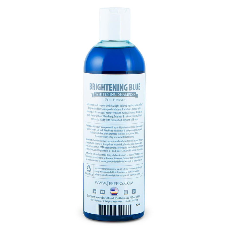 Jeffers Equine Brightening Blue Whitening Horse Shampoo, 16oz – Soap Free, Detergent Free Grooming Shampoo for Coat, Mane & Tail, Removes Tough Stains, Enhances Shine, Safe for White & Light Coats