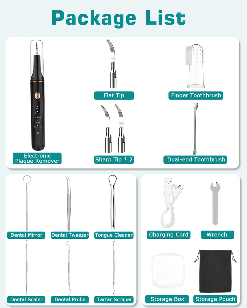 Dog Teeth Cleaning Kit 12-in-1, Pet Ultrasonic Canine Plaque Remover for Teeth with LED Light, 5 Cleaning Mode, USB Charge Dog Toothbrush Tool with Dental Tools Scaler Scraper Black - PawsPlanet Australia